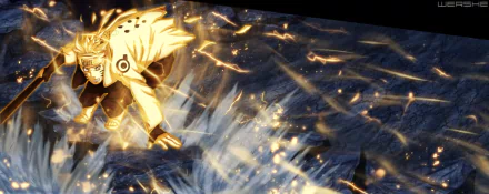 HD wallpaper featuring Naruto Uzumaki in an action pose, surrounded by dynamic lighting effects and a dramatic background. A striking tribute to the anime series Naruto.