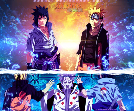 HD desktop wallpaper featuring Hagoromo Ōtsutsuki, Sasuke Uchiha, and Naruto Uzumaki from the anime Naruto. The vibrant image displays dramatic standoffs and powerful energy auras.