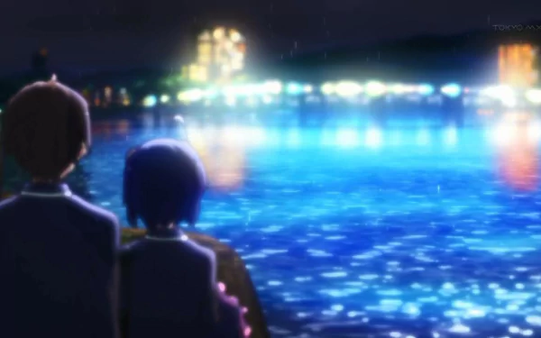 HD desktop wallpaper featuring Yūta Togashi and Rikka Takanashi from the anime Love Chunibyo & Other Delusions, overlooking a brightly lit waterfront at night.