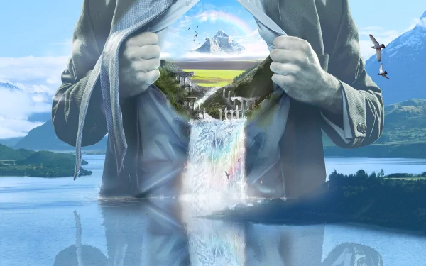 An artistic HD wallpaper featuring a surreal scene where a person opens their shirt to reveal a waterfall and a serene landscape with mountains, birds, and water reflecting the sky.