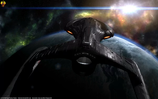 A stunning 4K Ultra HD wallpaper featuring an Ascension class starship from Star Trek, soaring through space with a vibrant, colorful backdrop of stars and a distant planet.