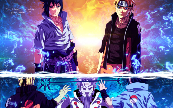 HD desktop wallpaper featuring Hagoromo Ōtsutsuki, Sasuke Uchiha, and Naruto Uzumaki from the anime Naruto. The vibrant image displays dramatic standoffs and powerful energy auras.