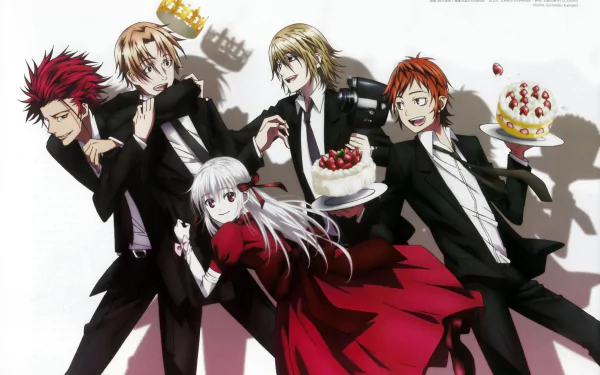 A dynamic HD wallpaper featuring characters Tatara Totsuka, Misaki Yata, Anna Kushina, Izumo Kusanagi, and Mikoto Suoh from the anime K Project, all depicted in stylish suits with desserts.