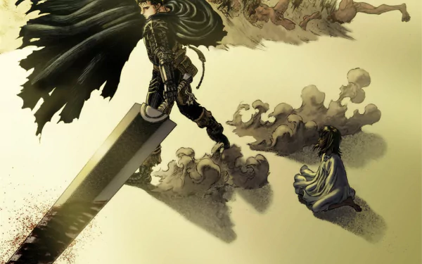 HD PC desktop wallpaper/background — Berserk anime: Guts strides with a massive sword and billowing cloak across a desolate, smoky plain while Casca kneels nearby in muted sepia tones.