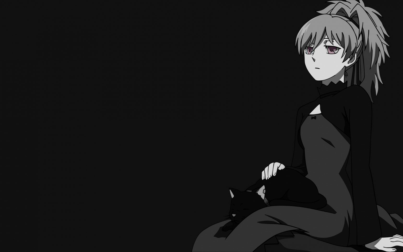 A black and white anime scene featuring Mao and Yin from Darker than Black, with Yin seated gracefully while holding a black cat, set against a dark background.