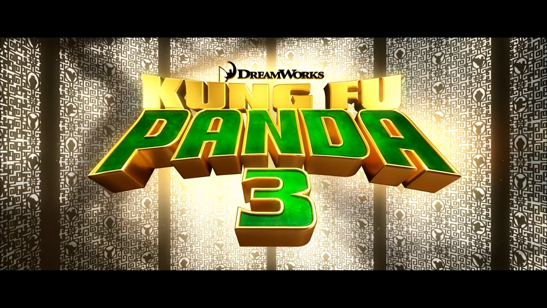 HD desktop wallpaper featuring the title Kung Fu Panda 3 in bold green and gold letters, against a patterned background.