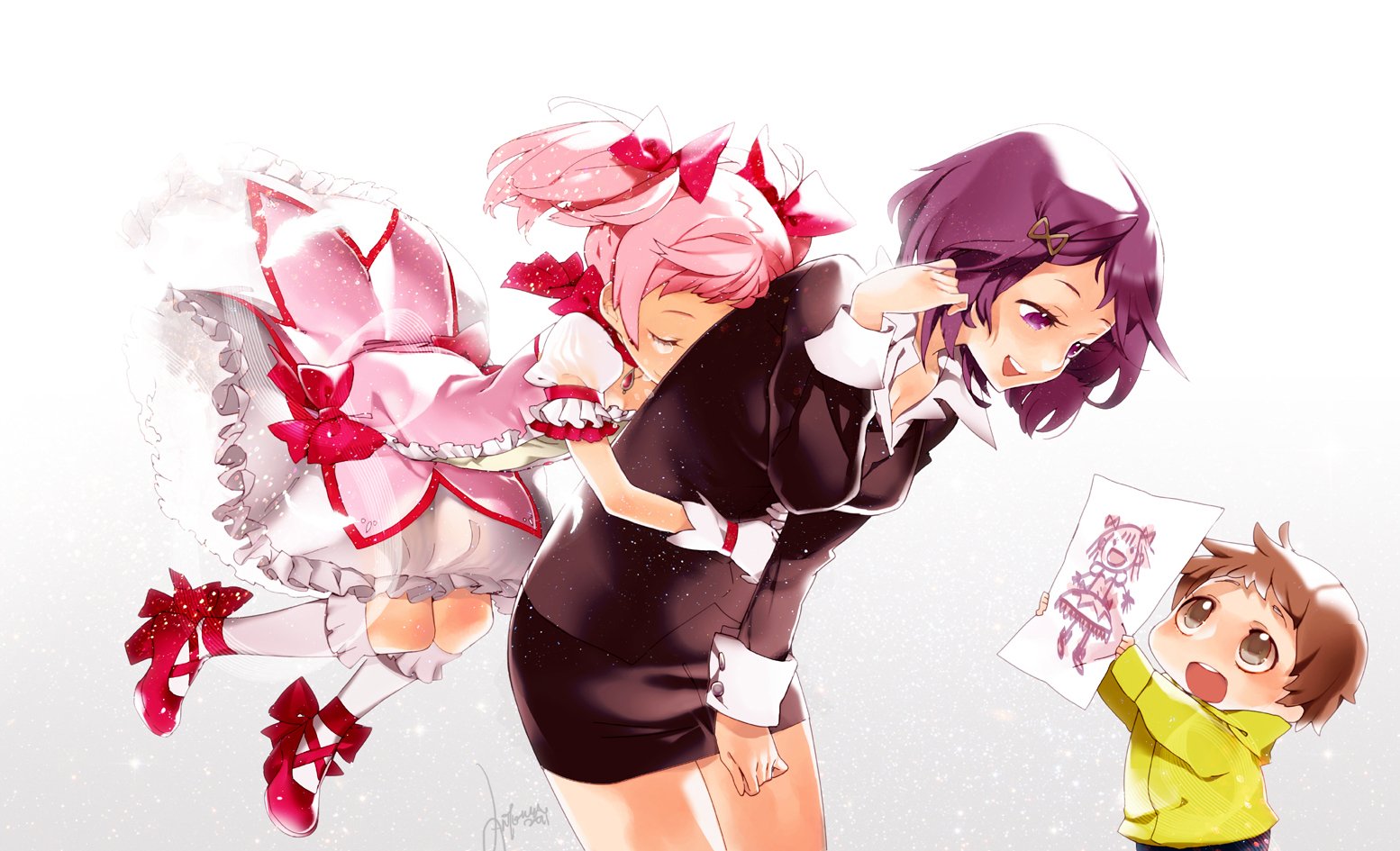 HD PC desktop wallpaper of Madoka Kaname from Puella Magi Madoka Magica: pink-haired magical girl in a frilly outfit leaning on a purple-haired companion as a child offers a drawing.