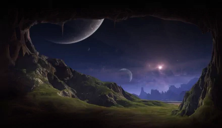 HD sci-fi desktop wallpaper featuring a scenic view from a rocky cave of a mystical planet with multiple moons in the night sky, casting a serene glow over the alien landscape.