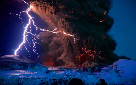 HD desktop wallpaper capturing a dramatic volcanic eruption with glowing lava and vivid lightning striking through thick ash clouds at night.