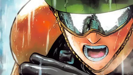 High-definition wallpaper of Mumen Rider from One-Punch Man, showcasing his intense determination and charismatic expression against a vibrant backdrop.