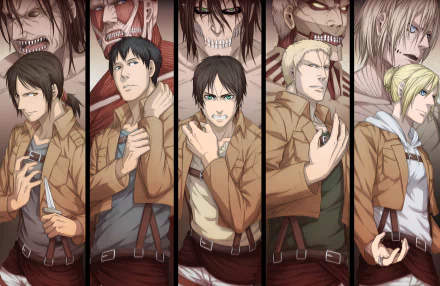 HD desktop wallpaper featuring anime characters Ymir, Reiner Braun, Bertolt Hoover, Annie Leonhart, and Eren Yeager from Attack on Titan, showcasing intense expressions and Titan forms in the background.