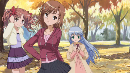 HD anime wallpaper featuring Mikoto Misaka, Kuroko Shirai, and Index Librorum Prohibitorum from A Certain Scientific Railgun, set in a sunlit autumn park.