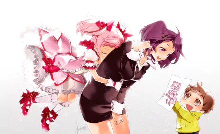 HD PC desktop wallpaper of Madoka Kaname from Puella Magi Madoka Magica: pink-haired magical girl in a frilly outfit leaning on a purple-haired companion as a child offers a drawing.