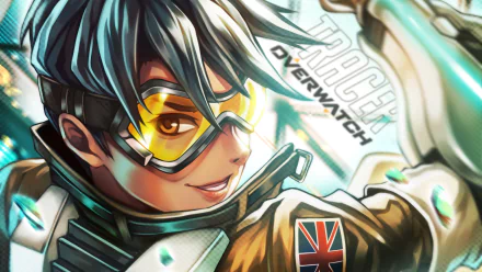 HD desktop wallpaper featuring Tracer from the video game Overwatch, with vibrant colors and an engaging pose, displaying Tracer's iconic goggles and Union Jack patch. Text TRACER Overwatch in the background.