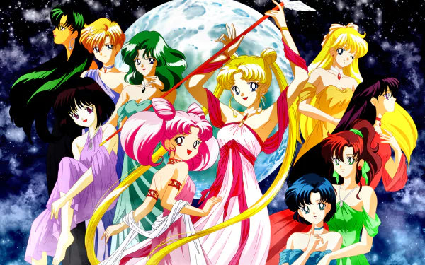 A vibrant HD desktop wallpaper featuring characters from Sailor Moon, beautifully arranged against a backdrop of a glowing moon and a starry sky.