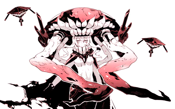 HD PC desktop wallpaper featuring a stylized Wo-Class character from Kantai Collection (Kancolle) in an anime art style with dynamic, bold red and black tones.