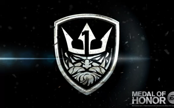 HD PC desktop wallpaper for the video game Medal of Honor showing a metallic trident-and-bearded-face shield emblem on a dark, textured background with the game's logo.