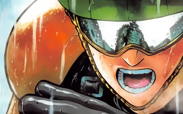 High-definition wallpaper of Mumen Rider from One-Punch Man, showcasing his intense determination and charismatic expression against a vibrant backdrop.