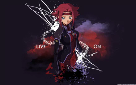 HD desktop wallpaper featuring Kallen Kōzuki from the anime Code Geass, with an artistic background and the text Live On.