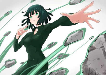 Fubuki from One-Punch Man poses dynamically, with green energy swirling around her and debris in motion, creating an engaging HD anime wallpaper.