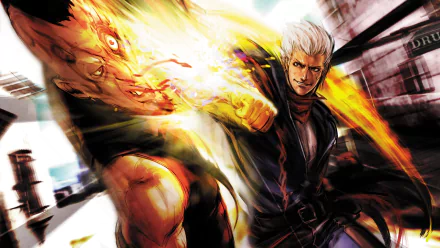 Dynamic HD wallpaper featuring characters from the video game God Hand, showcasing an intense battle with vibrant colors and explosive action.
