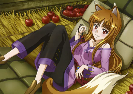 A character from the anime Spice and Wolf lounges comfortably on a straw bed, surrounded by apples, showcasing rich 4K Ultra HD detail.