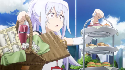 HD desktop wallpaper of Isla from Plastic Memories anime, holding picnic baskets and a tiered tray of food, with a backdrop of blue skies and city buildings.