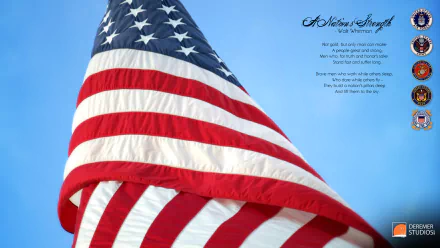 HD desktop wallpaper featuring a waving American flag against a clear blue sky, honoring Veterans Day with a patriotic poem displayed in the background.