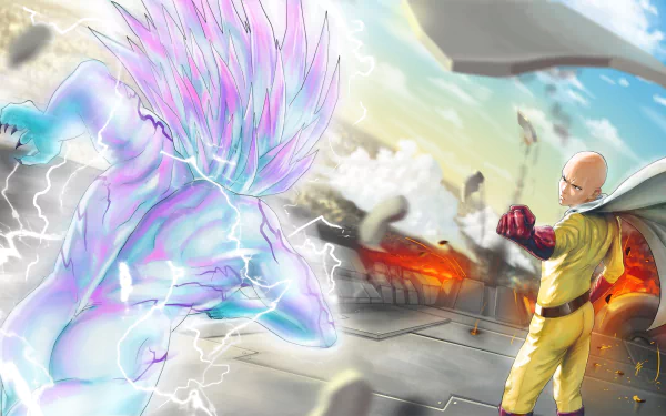 HD desktop wallpaper featuring Lord Boros and Saitama from One-Punch Man, with an epic battle scene showcasing their fierce confrontation against a dramatic, explosive backdrop.