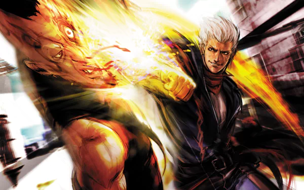 Dynamic HD wallpaper featuring characters from the video game God Hand, showcasing an intense battle with vibrant colors and explosive action.