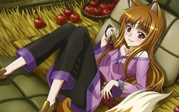 A character from the anime Spice and Wolf lounges comfortably on a straw bed, surrounded by apples, showcasing rich 4K Ultra HD detail.