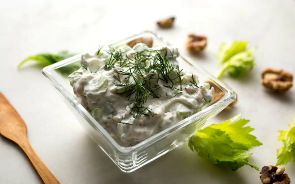 HD desktop wallpaper of creamy tzatziki sauce garnished with fresh dill in a clear glass bowl, surrounded by walnuts and celery leaves on a white surface.