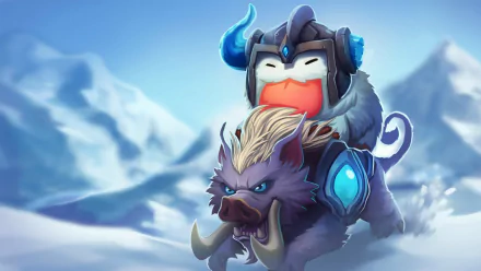 HD PC wallpaper featuring Poro and Sejuani from League of Legends in a snowy landscape, capturing the game's iconic characters and fantasy theme.