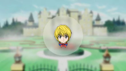 HD wallpaper featuring Kurapika from Hunter × Hunter against a blurred castle background, capturing the anime's distinctive style and character essence.