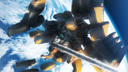 A striking HD desktop wallpaper featuring a mecha from the anime Aldnoah.Zero, set against a backdrop of Earth and space, showcasing dynamic design and vibrant colors.