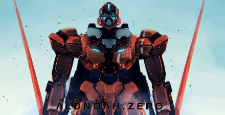 HD anime desktop wallpaper featuring a detailed red and black mecha from Aldnoah.Zero against a clear sky background.