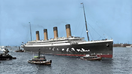 HD desktop wallpaper featuring the RMS Olympic, a historic ocean liner, sailing with tugboats nearby against a clear sky backdrop.