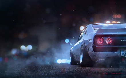 A sleek Nissan Skyline parked on a misty road, illuminated by city lights in the background, creating an atmospheric HD desktop wallpaper.