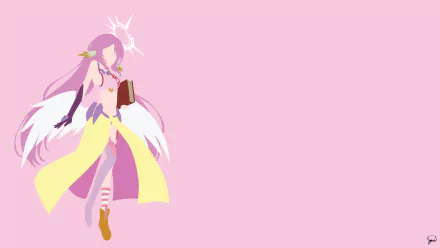 HD PC desktop wallpaper/background: Jibril (No Game No Life), anime character on a pastel pink field, holding a book with feathered wings and a flowing yellow coat at left.