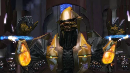 HD PC desktop wallpaper featuring a detailed alien character from the video game Halo 2, showcasing futuristic armor and glowing energy effects.