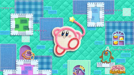 HD PC desktop wallpaper featuring Kirby in a colorful, quilted world from the video game Kirby's Epic Yarn.