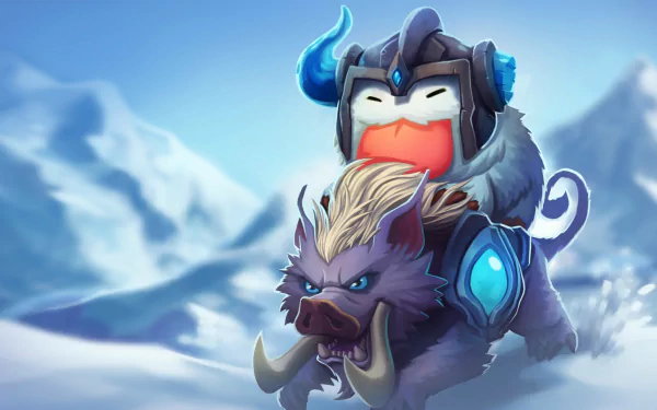 HD PC wallpaper featuring Poro and Sejuani from League of Legends in a snowy landscape, capturing the game's iconic characters and fantasy theme.