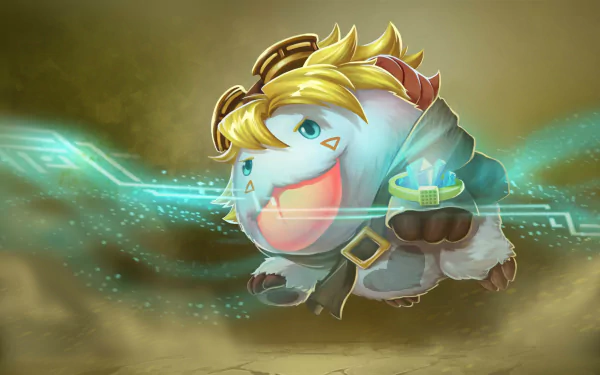 HD wallpaper featuring Poro, a charming creature from League of Legends, alongside Ezreal, showcasing vibrant colors and playful energy in a dynamic video game setting.