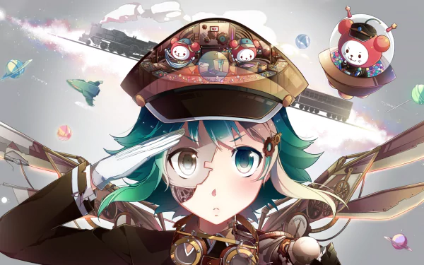 HD anime desktop wallpaper featuring GUMI from Vocaloid, showcasing vibrant colors and detailed character design with futuristic elements and floating objects.