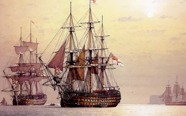 HD desktop wallpaper showcasing historic sailboats with detailed rigging and sails on calm water under a soft, pastel sky.