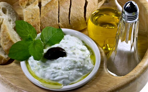 Close-up of a bowl of creamy tzatziki with olive oil, olive, fresh mint, sliced bread, and condiments, captured in 4K Ultra HD for a vivid PC desktop wallpaper.