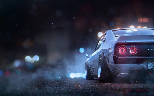 A sleek Nissan Skyline parked on a misty road, illuminated by city lights in the background, creating an atmospheric HD desktop wallpaper.