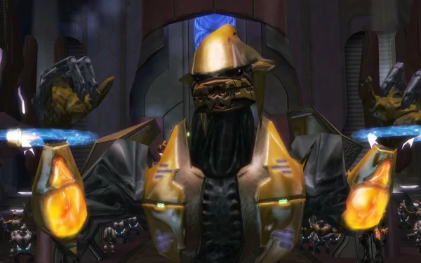 HD PC desktop wallpaper featuring a detailed alien character from the video game Halo 2, showcasing futuristic armor and glowing energy effects.