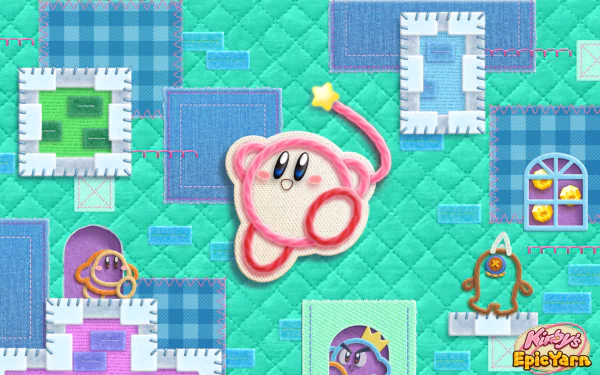 HD PC desktop wallpaper featuring Kirby in a colorful, quilted world from the video game Kirby's Epic Yarn.