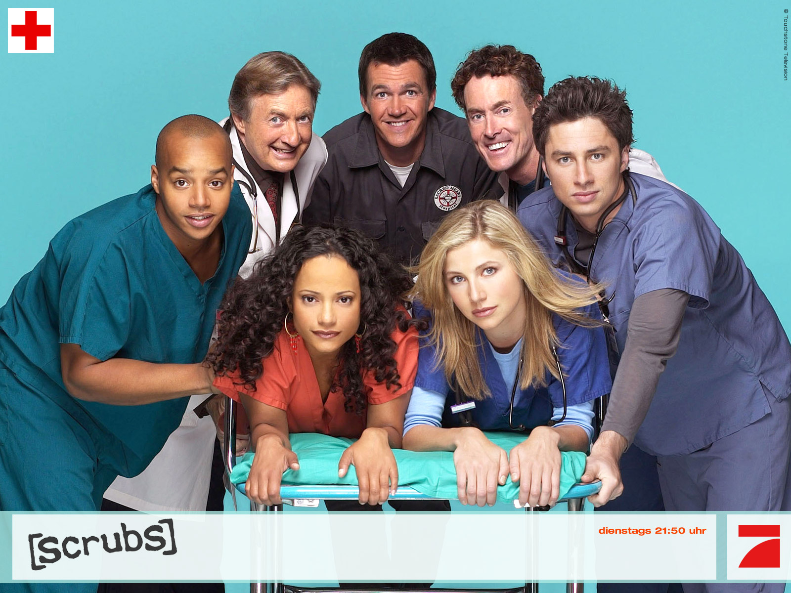 The Scrubs cast is captured in this HD desktop wallpaper, featuring characters like Turk, Cox, Elliot, and more.